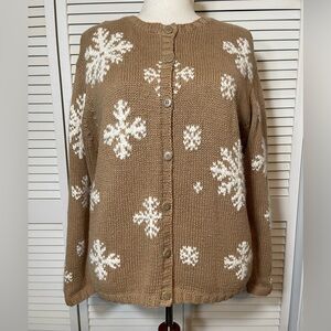 VTG Eddie Bauer Women’s Cardigan Sweater Button Front Snowflake Tan Ivory Size L